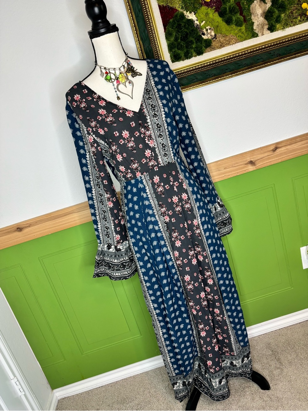 NWT Love Riche Flared Sleeve Boho Multi Print Maxi Dress - Picture 3 of 16